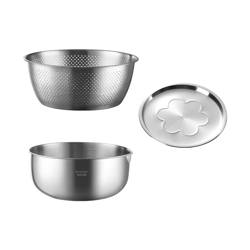 Maxcook set van 3 roerkommen van 304 roestvrij staal, 22 cm, met waterfilter en deksel, extra stevig, diepere rand, spiegelafwerking, vaatwasserbestendig, MCWA9907