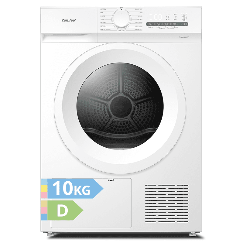 Comfee by Midea' CD10EHP05W-HR warmtepompdroger, 10 kg, energieklasse D met warmtepomptechnologie, UV-licht voor hygiënische zuiverheid, opfrissen, LED-display, sneldrogend, wit