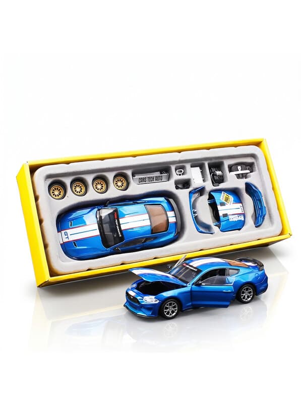 CCA1:42 2018 Ford Mustang GT Classic Blue modelauto – doe-het-zelf-kit met te openen deuren en verwisselbare onderdelen; verzamelmodel en display-speelgoed