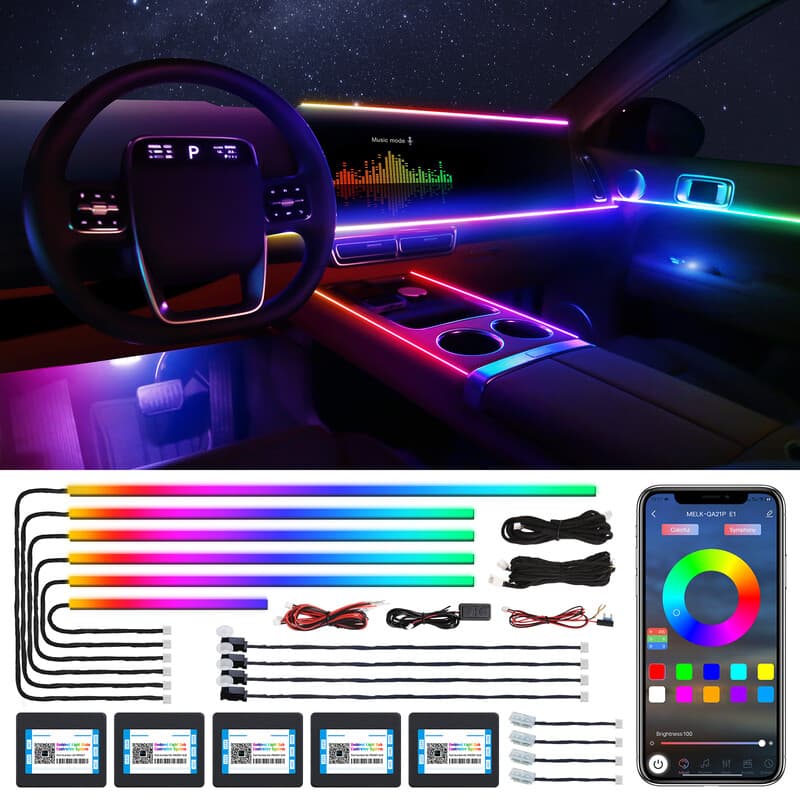 Dreamcolor LED-striplamp voor autobinnenruimte, acryl, met draadloze app, RGB 14-in-1, 175 inch, 600 LED’s, optische vezel, ambilightingkits, dual zone sound active functie