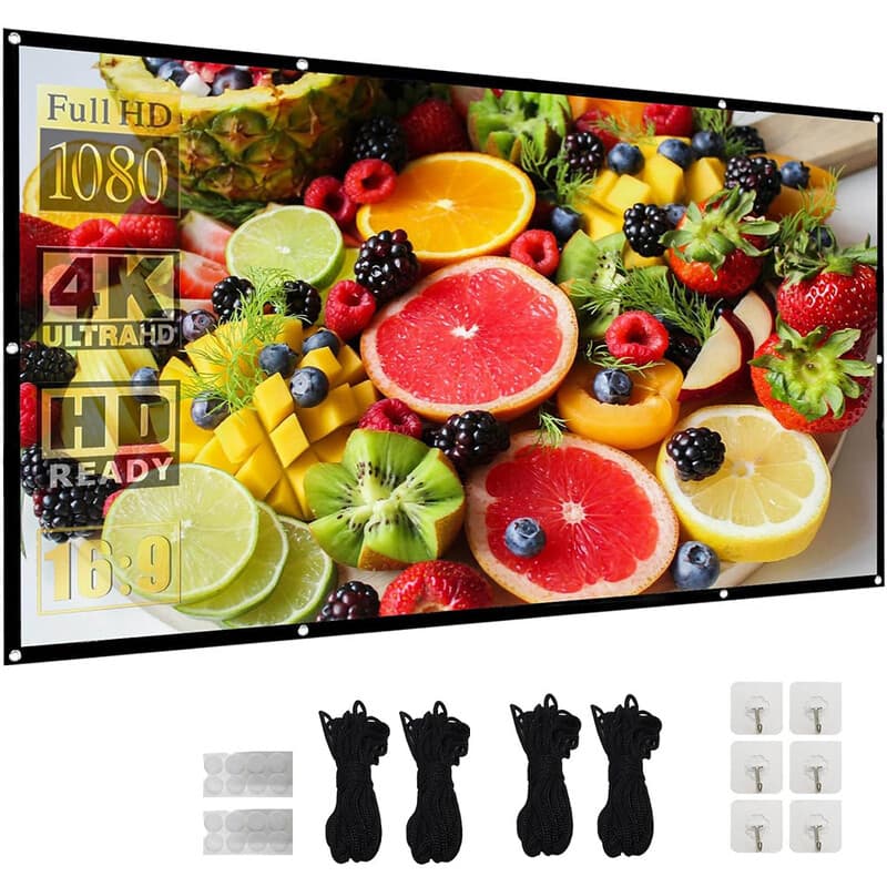 XBJ 120 inch 16:9 projectiescherm | Draagbaar HD 4K opvouwbaar anti-kreukel dubbelzijdig projectiescherm, 160° breed zichtbarehoek, extra lange slakken en haakjes voor eenvoudige installatie, binnen/buiten, thuisbioscoop en tuinfeest