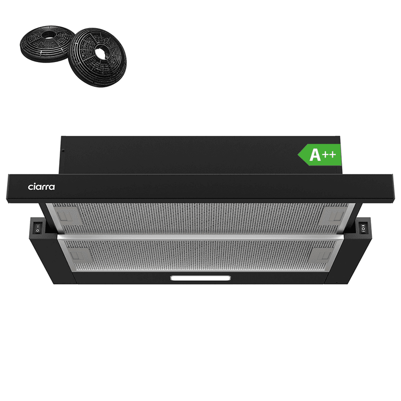 CIARRA CBCB6906D - Vlakscherm Afzuigkap - 60cm Zwart – Inclusief set koolstoffilters - 370m3 – Energieklasse A++