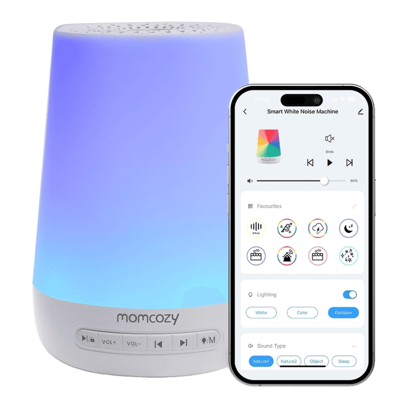 Momcozy baby witte ruismachine met nachtlampje, voor baby’s slaap, 34 kalmerende geluiden, timer, app-afstandsbediening, persoonlijk slaapritme (blauw)