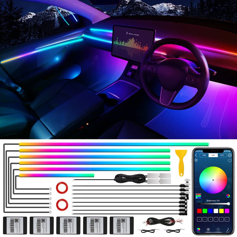 Dreamcolor RGB 10-in-1 LED-stripverlichting voor auto-interieur met draadloze app, glazenvezel-auto-omgevingsverlichtingssets, 175 inches (ca. 445 cm), 600 LED's, dubbele-zone geluidsactieve functie, LED-strip voor auto
