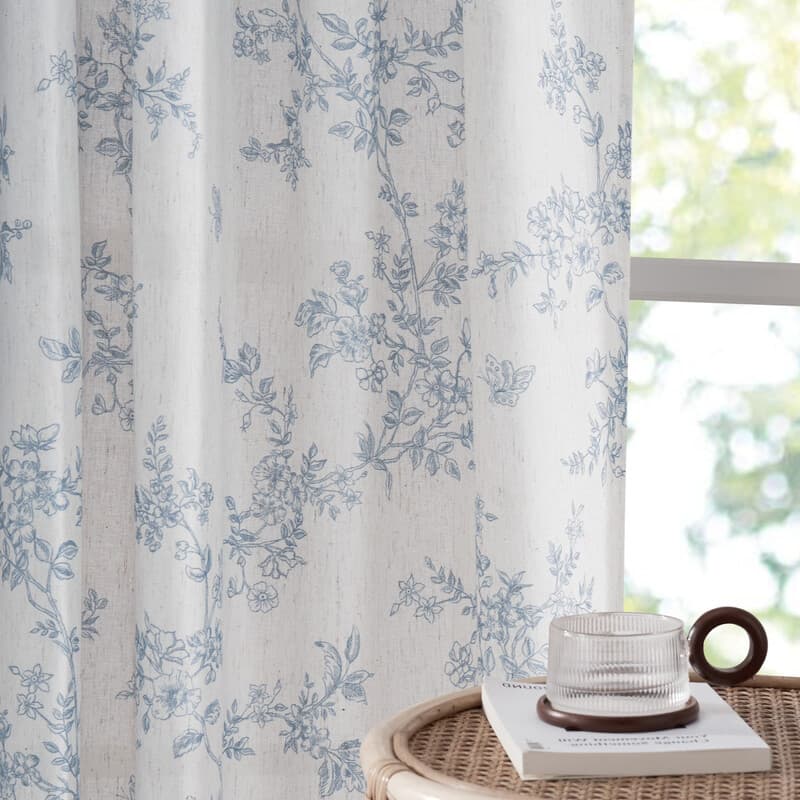 PONY DANCE Bloemen gordijnen voor woonkamer, Semi-transparante linnen gordijnen met botanische wijnstokprint, Achtersteun & stangzak privacy natuurlijke home decoratie, 2 panelen, B132 x L245 cm, Blauw