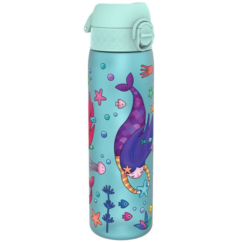 ION8 waterfles, 500 ml/18 oz, slank, lekvrij & BPA-vrij, veilige vergrendeling voorkomt morsen, vaatwasserbestendig, draaggreep, ideaal voor volwassenen en kinderen - reizen, sportschool & school, zeemeerminnenontwerp