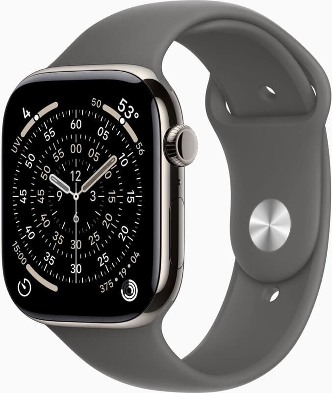 Apple Watch Series 11 GPS + mobiel 46 mm, natuur titanium behuizing met sportband - steengrijs - M/L
