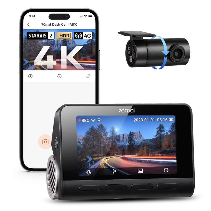 70mai Dash Cam A810 Set met RC12 - Dashcam Auto met Achtercamera - Voor en Achter Opname - 4K Resolutie - Sony STARVIS 2 Sensor - HDR Nachtzicht - GPS Logger - Wifi App - Parkeerbewaking