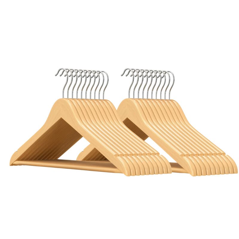 Ochama 20 natuurlijke houten kledinghangers met zilveren haken – Schouderinkepingen,44.5x23x1.2cm, 360° draaibare haak & antislip broekstang – ideaal voor pakken, overhemden & jassen