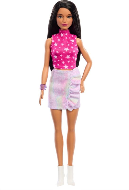 Barbie Fashionistas poppen #215 - zwart steil haar, roze sterrenprint top en iriserende rok, 29 cm