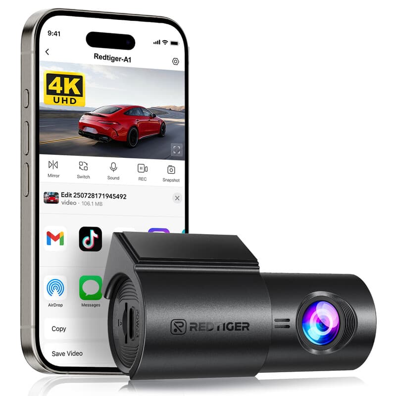 REDTIGER A1 4K Mini-dashcam met wifi & app-bediening, compacte auto-camera, super nachtzicht, G-sensor, 24-uurs parkeermodus, looprecording