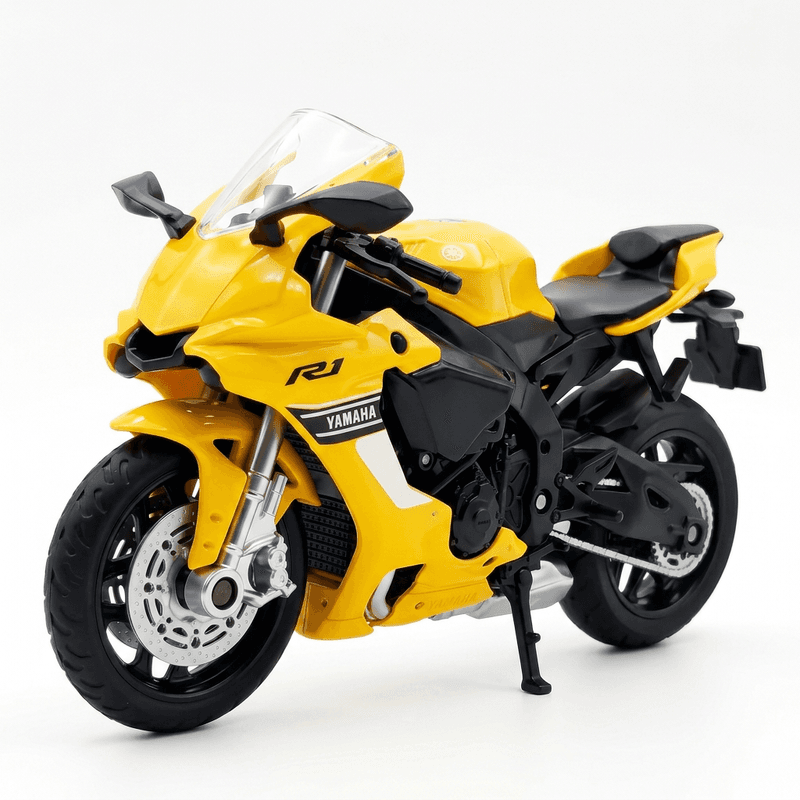 CCA 1:18 Yamaha YZF-R1 motorfiets (geel), met achterschuif en intrekbare standaard; realistisch motormodel, verzamelobject voor display, speelgoed voor kinderen, verzamelobject voor volwassenen, cadeau voor de feestdagen