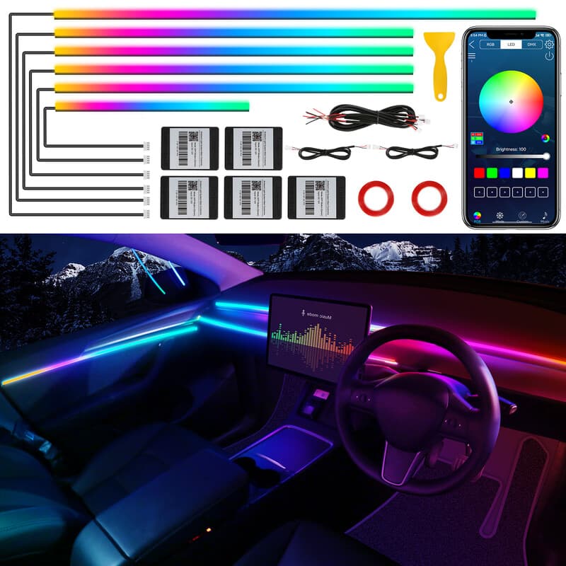 Dreamcolor LED-stripe voor binnen in de auto, RGB 10-in-1, 175 inch (593 cm), neon, ambilightpakketten, met draadloze app, dynamische loopfunctie, muzieksync, LED’s en optische vezel