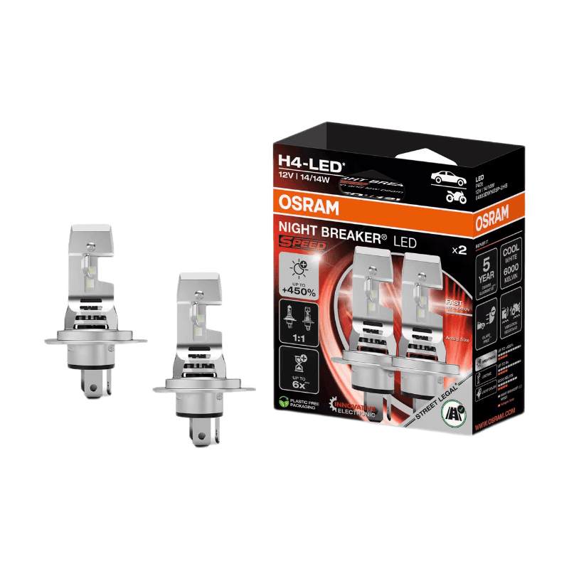 OSRAM NIGHT BREAKER LED SPEED H4, 450% meer licht, 6000K, 12V, met wegtoelating, snelle installatie, geen mechanische accessoires nodig