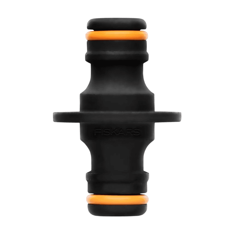 Fiskars Slangkoppeling 2-weg, voor slangen met verschillende diameters, voor alle soorten en maten slangkoppelingen, universele maat, 16 g, zwart/oranje, 1027068