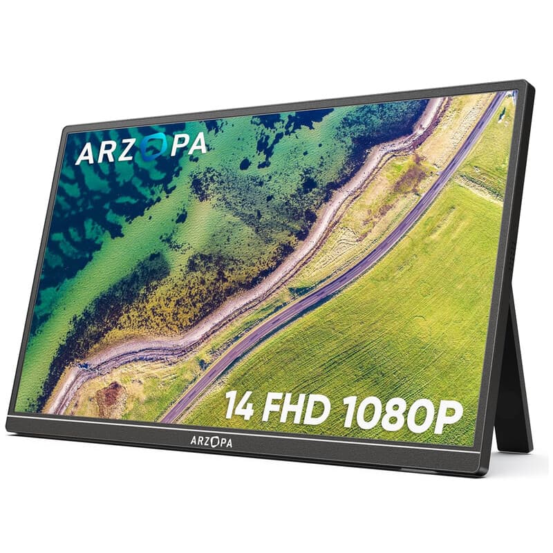 Arzopa A1S draagbare monitor, 14,0-inch ultradun FHD 1080P extern scherm met geïntegreerde kickstand en dubbele luidsprekers voor laptop, pc, telefoon, Xbox, PS4/5, Switch