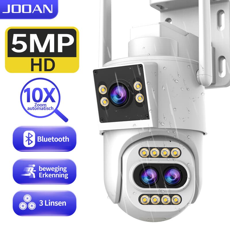 JOOAN Outdoor Security Camera 2K Triple Lens 2 View 10x optische Zoom Home Surveillance IP Cam 360°PTZ 2.4 G WiFi bedraad IP66 waterdicht bewegingsalarm, 8-256g kaart / cloudopslag, Sirene Alarm