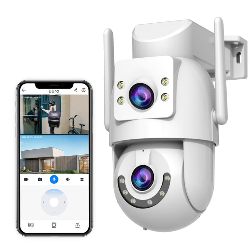 JOOAN Outdoor Security Camera HD 2K Dual Lens Dual WiFi 5GHz 2.4 Ghz bedraad, PTZ roteren 2 Manier Audio Geluid Licht Alarm, Auto Tracking, delen Cloud / kaart opslag Kleur nacht
