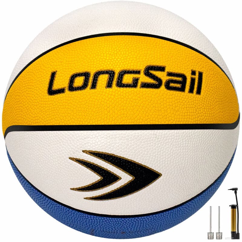 LONGSAIL Premium Basketbal van Composietleer/Microvezelleer Maat 5# Geel/Wit/Blauw Vochtabsorberend PU