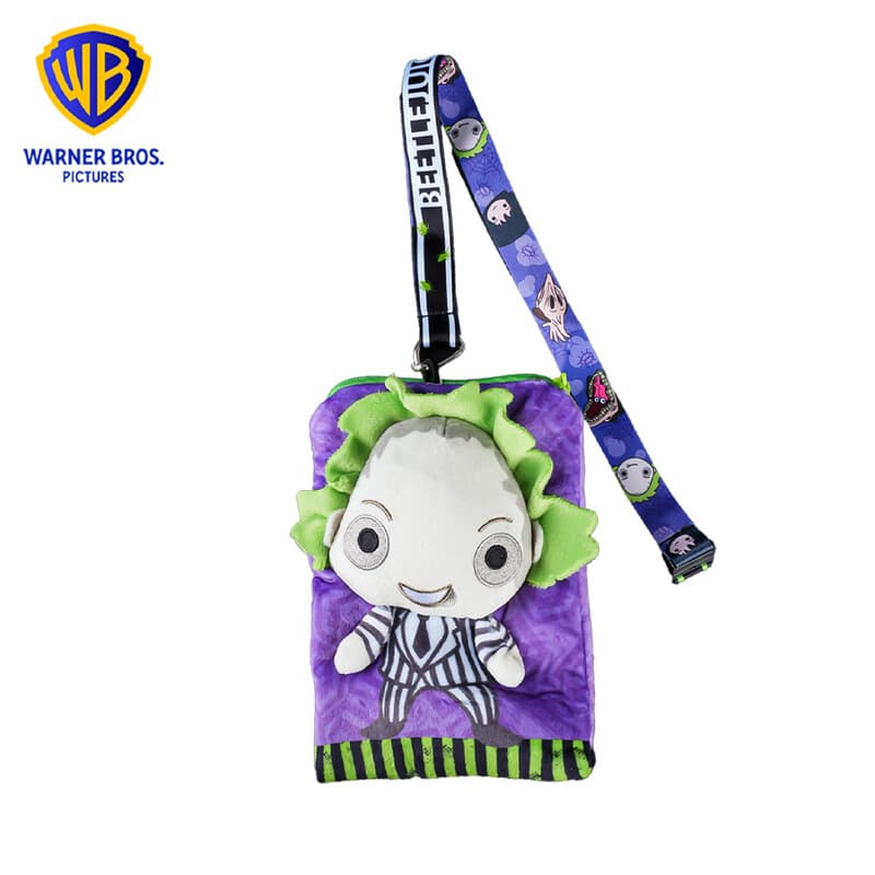 1stuks Beetlejuice pluche smartphone-hanger met kaarthouder, officieel gelicentieerd magisch en griezelig cosplayaccessoire, film- en anime-merchandise met gotische strepen, karakterthema cadeau