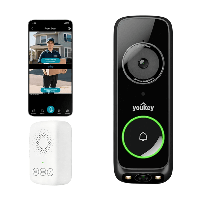 UNIVIEW Youkey DB322 Bedrade Videodeurbel met Dubbele Camera en Belsignaal, 2K Nachtzicht in Kleur, 2,4/5 GHz Wi‑Fi 6, Leveringsbewaking, Detectie van Pakketten, Personen en Beweging, Tweerichtingscommunicatie, 8 GB eMMC-Geheugen, Geen Maandelijkse Kosten