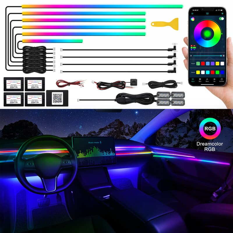 Dreamcolor LED-striplamp voor de auto-inbodem met draadloze app, RGB 14-in-1, 175 inch, 593 LED's, optische vezels, ambilight-kit, 16 miljoen kleuren met geluidssensortrigger