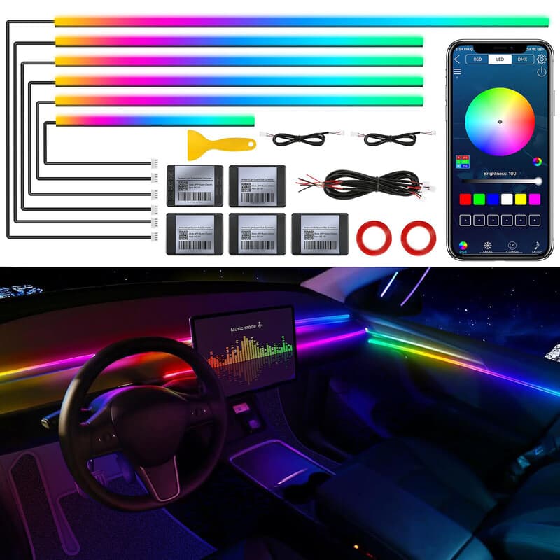 Dreamcolor acryl interieur LED-stripverlichting voor auto met draadloze app, RGB 6-in-1 met 175 inch 593 LED’s glasvezel lichtstrips, dynamische achtervolgende muziekgesynchroniseerde neon sfeerverlichting voor auto