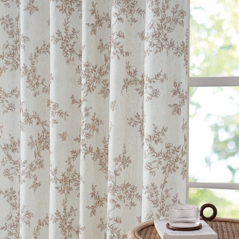PONY DANCE Bloemgordijnen voor de woonkamer, halftransparante linnen overgordijnen met botanische wijnrankprint, met lussen en roede-opening, natuur geïnspireerde woondecoratie, 2 panelen, 132 x 245 cm, taupe