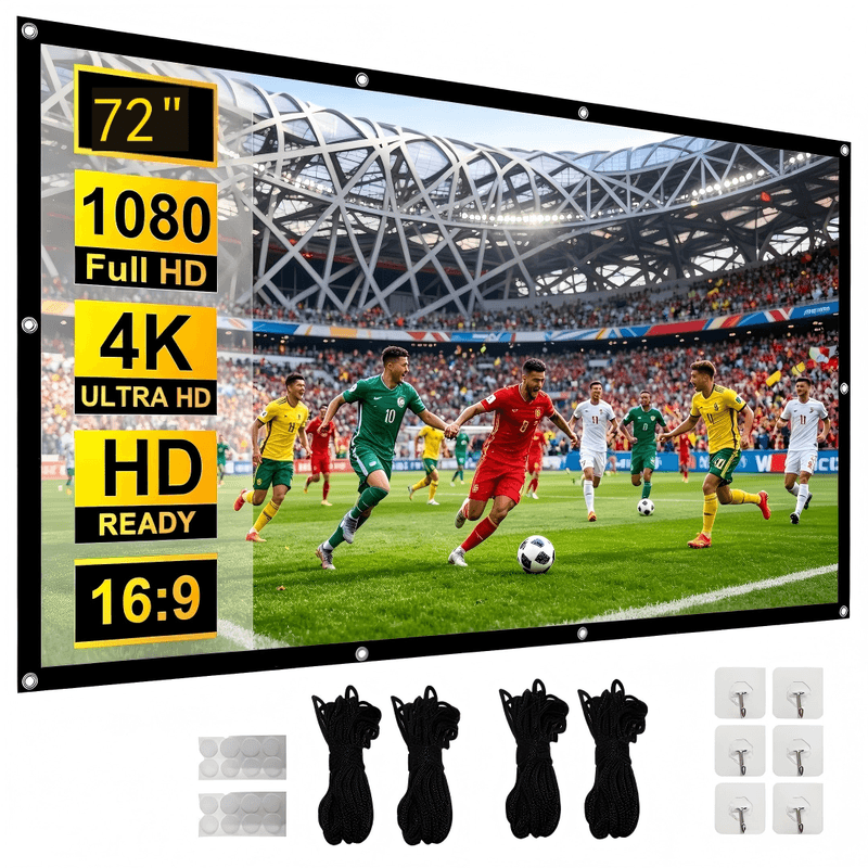 【Worldeindooptelevisie-onderdeel, groter scherm voor ultieme spanning】 XBJ 72 inch projectorbeeldscherm 16:9 | Draagbaar HD 4K opvouwbaar kreukvrij beeldscherm, 160° brede kijkhoek dubbelzijdige projectie, extra lange touwen & haken voor eenvoudige instal