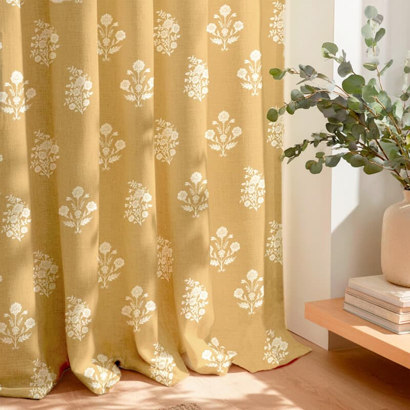 PONY DANCE Faux Linnen Gordijnen met Bloemenpatroon, Herfst Franse Landstijl, Privacy en Lichtfilterend voor Woonkamer/Slaapkamer/Eetkamer/Thuiswerkplek, Mosterdgeel, W132 x L220 cm, 2 Panelen