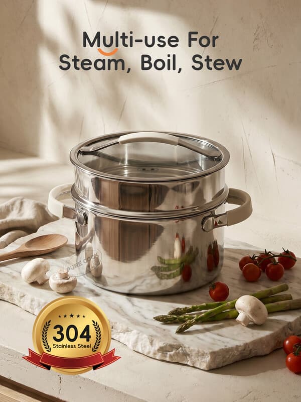 PURE COOK 304-serie stoom- en soeppan | 304 drielaags roestvrijstalen rechte soeppan met stoommand en stalen deksel