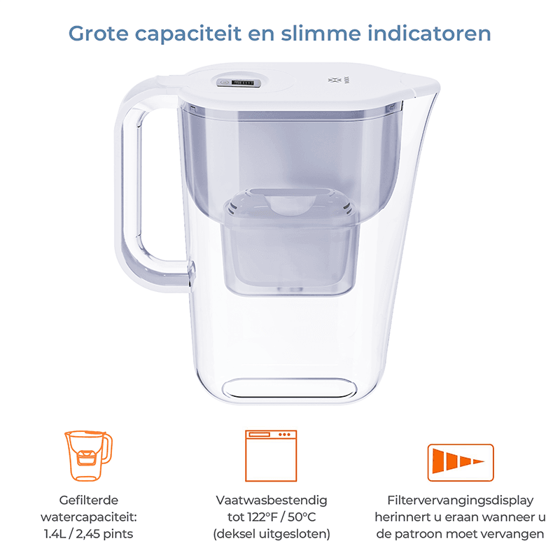 WOOX MX0200 Filter Waterkoker Totale capaciteit 2,4 L, bevat 1,4 L gefilterd water Vaatwasbestendig tot 122°F Elektronisch display met herinnering voor ongeveer 35 dagen gebruik