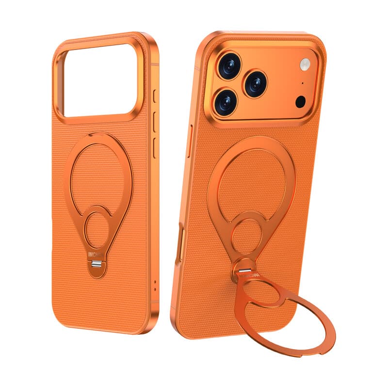 IM-CHEN iPhone 17 Pro Case, frame van legering, 360° draaibare metalen standaard, premium leren ringhouder, valbescherming, oranje, 1 stuk
