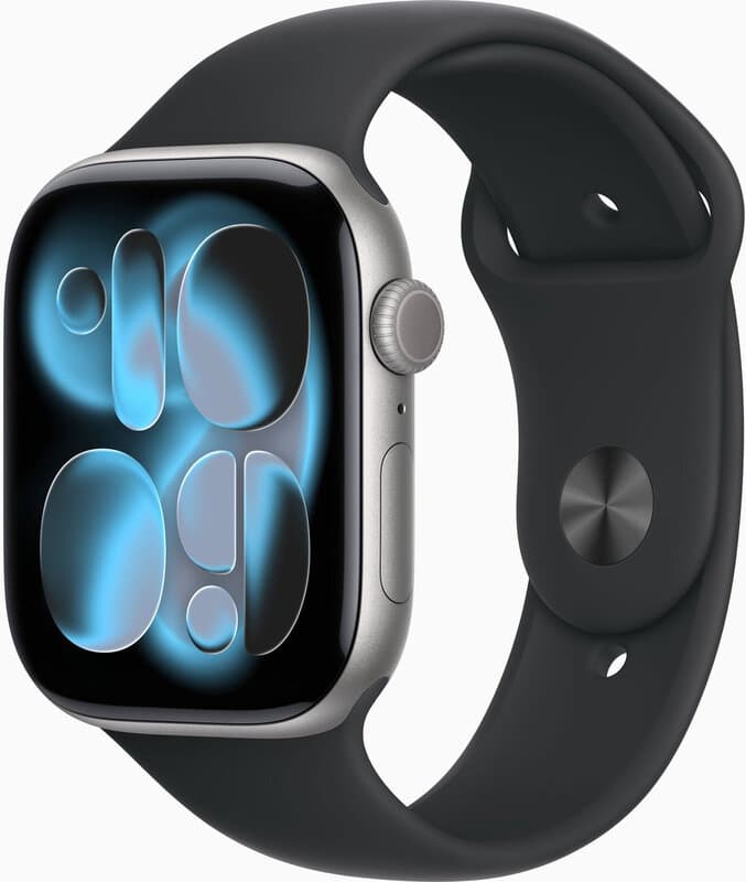 Apple Watch Series 11 GPS 46 mm spacegrijs aluminium behuizing met zwarte sportband - S/M