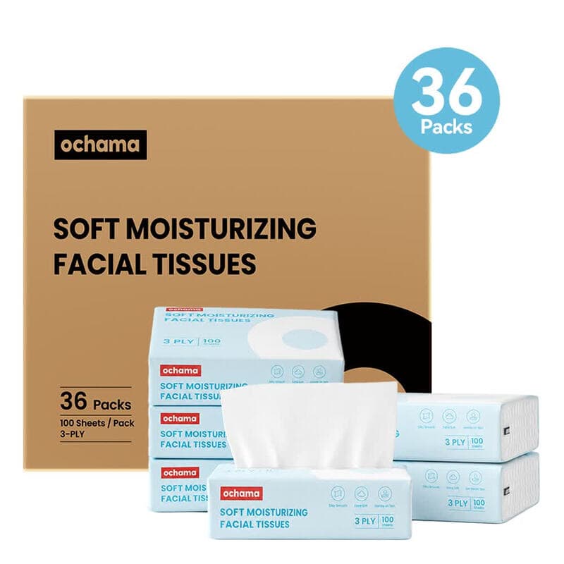 ochama Zachte Vochtinbrengende Gezichtstissues, 3600 Vellen (100 Vellen × 36 Verpakkingen), 3‑Laag Vochtinbrengend Tissue, 30 % Crème‑Gehalte, Geschikt Voor Gevoelige Huid, Jumbo Bulk Pakket