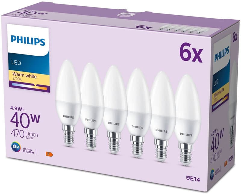 Philips LED Kaarslamp Mat - 40 W - E14 - Warmwit licht - 6 stuks