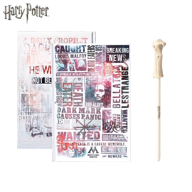 Set van 2 Harry Potter Dark Arts notitieboeken in krantenthema & Heer Voldemort toverstaf-pen, officieel gelicentieerde Wizarding World schrijfwaren, exclusieve thematische geschenkcollectie