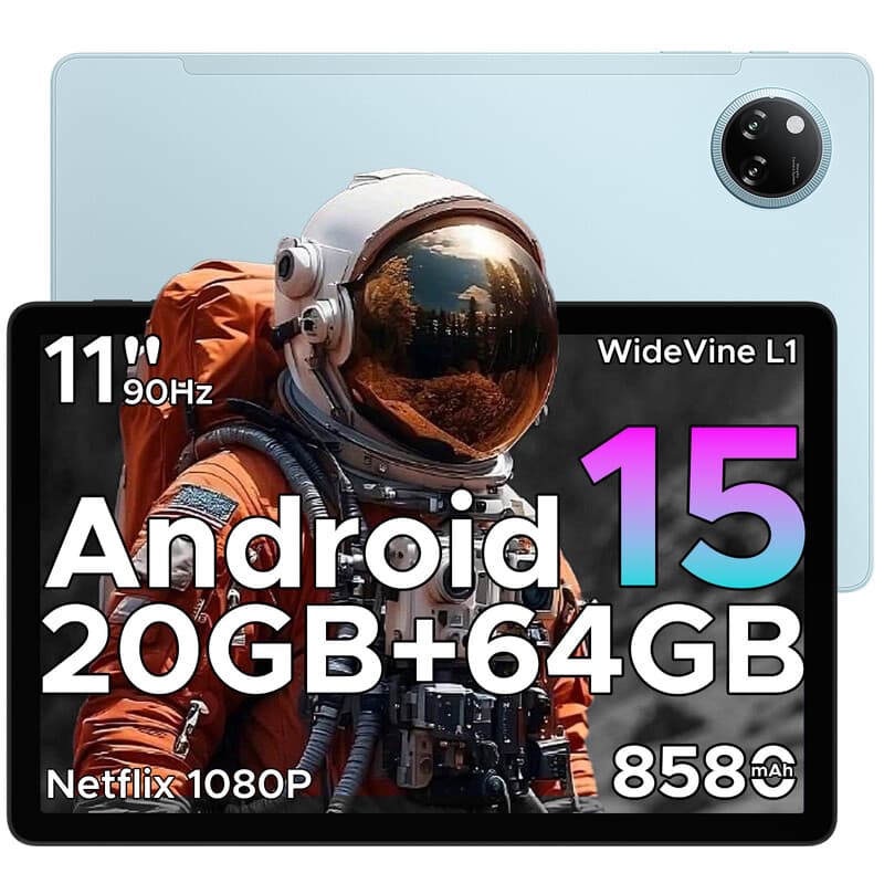 DOOGEE TAB A9+ tablet, 11 inch met Gemini AI, 8580 mAh, T7200 octa-core, 20 GB + 64 GB/2 TB LPDDR4X, 13 MP + 5 MP, Widevine L1, Face ID, BT 5.0, 5G wifi, GPS, FM, OTG, blauw