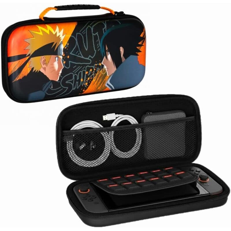 KONIX Naruto Shippuden Nintendo Switch 2 Bescherm- & Transportcase - Accessoires & 8 Gamecartridges Opbergruimte - Naruto & Sasuke Design - Zwart & Oranje