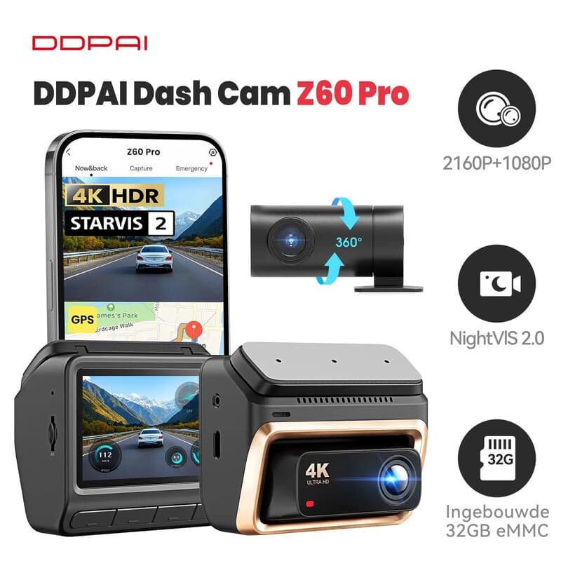 DDPAI Z60 Pro 3-kanaals 4K dashcam, 3-inch voertuigdvr met dubbele camera (voor- en achterzijde), STARVIS IMX678, 60FPS, HDR, ingebouwde 32 GB eMMC, AI-ISP, nachtzicht, 5 GHz WiFi, GPS-ondersteuning, 24-uurs parkeerfunctie