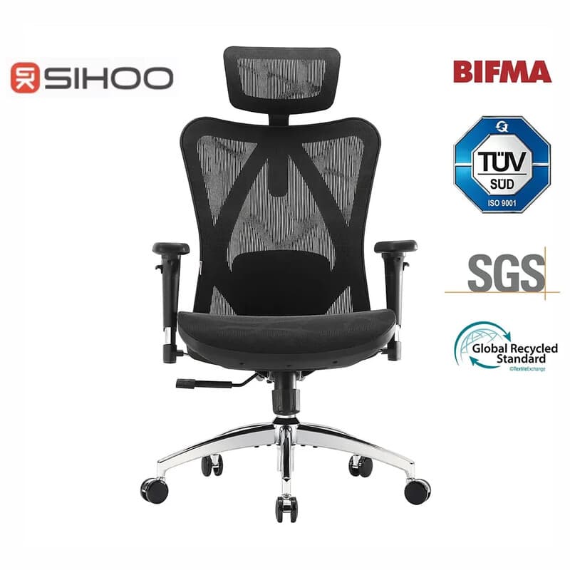 SIHOO M57S ergonomische bureaustoel van mesh met verstelbare lendensteun, 3D-armleuningen en ademende hoge rugleuning (zwart)