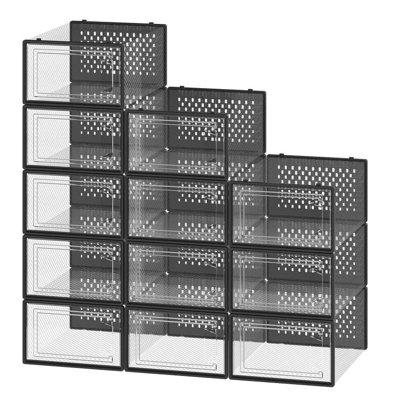 Ochama Set van 12 Stapelbare Sneaker Opbergdozen, Transparante Plastic Schoenorganizers voor Kast, Zwart, Transparant