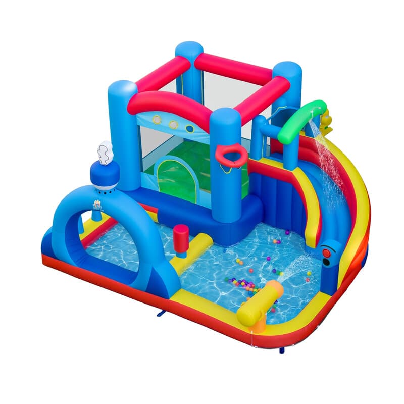 Inflatiele bouncy castle met waterslide, springzone, waterpoel, waterkanon, zandzakken en ringwerpspel (zonder blazer)