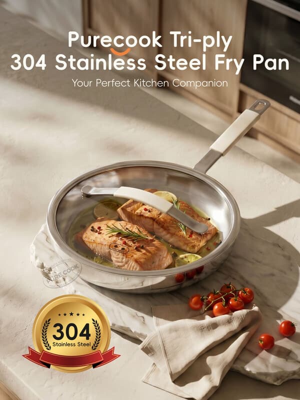 PURE COOK 304-serie koekenpan | 304 roestvrijstalen koekenpan met 3-laags constructie, vlakke bodem, stalen handgreep en stalen deksel