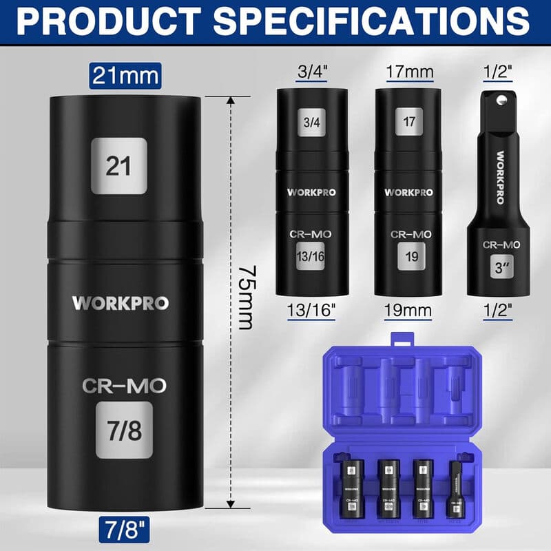 WORKPRO 1/2" DR. impact-socketset, Cr-Mo-staal, zwaar ontwerp, flip-sockets met verlengbuis, 17 mm, 19 mm, 21 mm metrisch en 3/4-inch, 13/16-inch, 7/8-inch SAE-maten, moerenset met opbergdoos