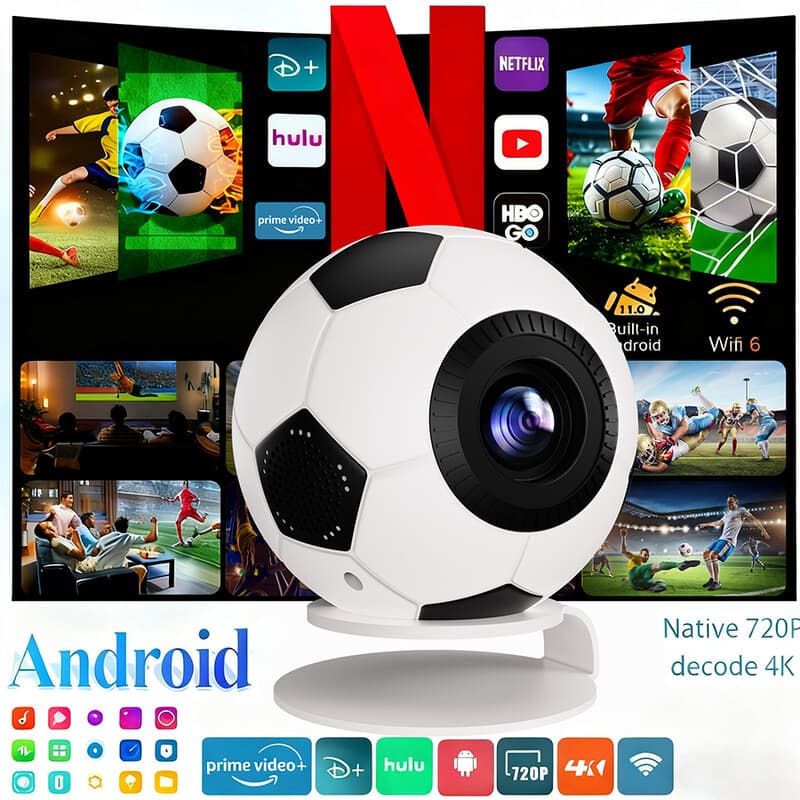 【Worldeindooptelevisie must-have】 XBJ voetbalvormige mini projector, ondersteunt 4K-decodering, weergave met 1080P-compatibiliteit, 800 ANSI lumen draagbare thuisbioscoopprojector, ingebouwd Android 14-systeem & streaming-apps, standaard bediening afstand