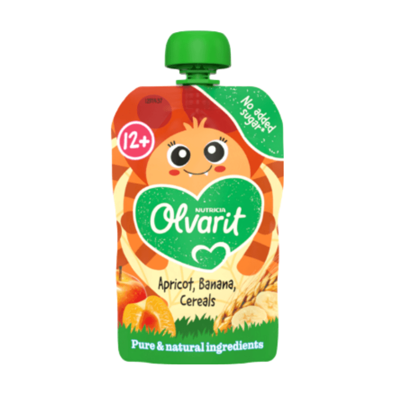 Olvarit knijpfruit abrikoos en banaan met graanstukjes 100 g