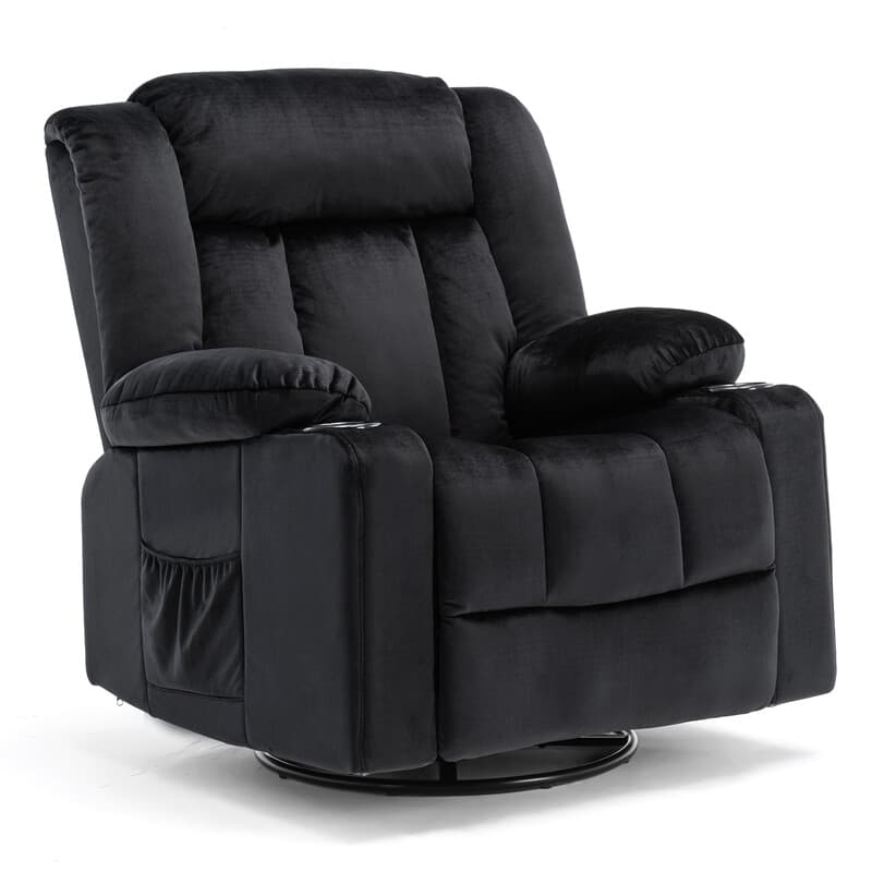 COMHOMA handbediende draaibare relaxstoel voor volwassenen met verstelbare rugleuning en voetensteun, 361° loungestoel voor de woonkamer, bekerhouder, opbergvakken, zachte stof, ergonomisch, zwart