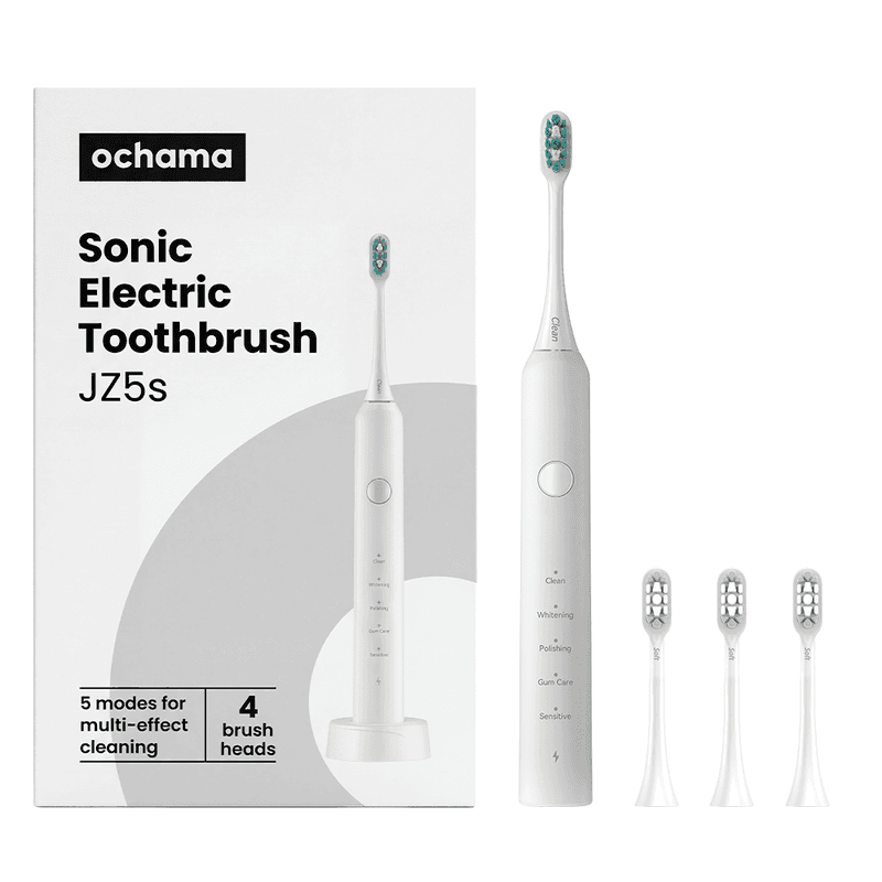 ochama Electric Toothbrush - Includes 4 brush heads and charger base, low noise, long-lasting endurance, white