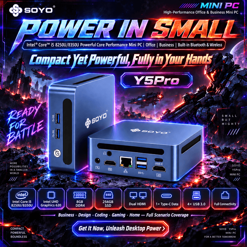 SOYO Y5Pro Mini PC, Intel Core i5 8250U/8350U Processor Mini PC Windows 11 Pro, 8 GB DDR4 256 GB SATA SSD Mini Computer | BT5.2 | Wi-Fi 5